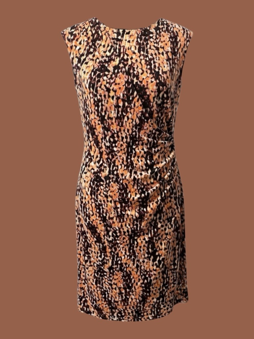 Anne Klein Animal Print Sheath Dress Size Small Sleeveless Ruched Waist